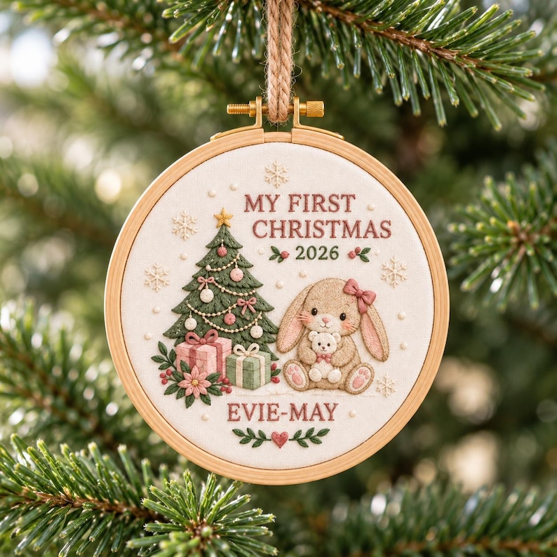 Personalized Baby Bunny Christmas Ornament, Embroidered Keepsake (2026 ...