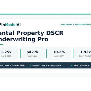 May include: A digital dashboard titled FinModelAI Rental Property DSCR Underwriting Pro. It displays financial metrics including 1.25x Year-1 DSCR, $427k Loan Sized, 10.2% Levered IRR, and 1.92x Equity Multiple, with tabs for LTV, DSCR, and Refi Cash-Out.