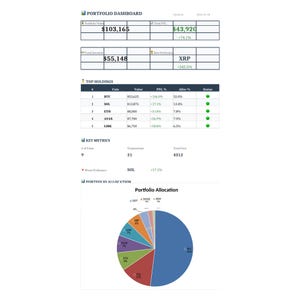 May include: A digital portfolio dashboard displaying financial data, including a total portfolio value of $103,165, a total P&L of $43,920, and a top holdings table listing BTC, SOL, ETH, AVAX, and LINK with their respective values and allocation percentages.