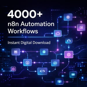 May include: A digital graphic promoting "4000+ n8n Automation Workflows" with "Instant Digital Download". The image shows a network of connected icons in blue, purple, and pink, conveying a technological or software-related concept.