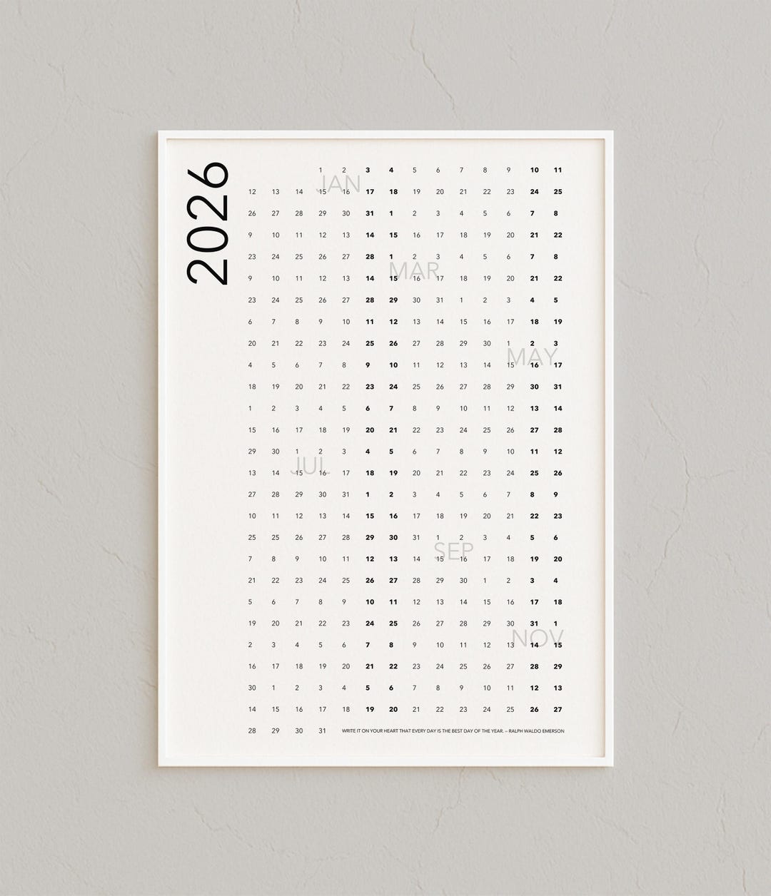 2026 Minimalist Year at a Glance Wall Calendar | Large Printable Poster ...