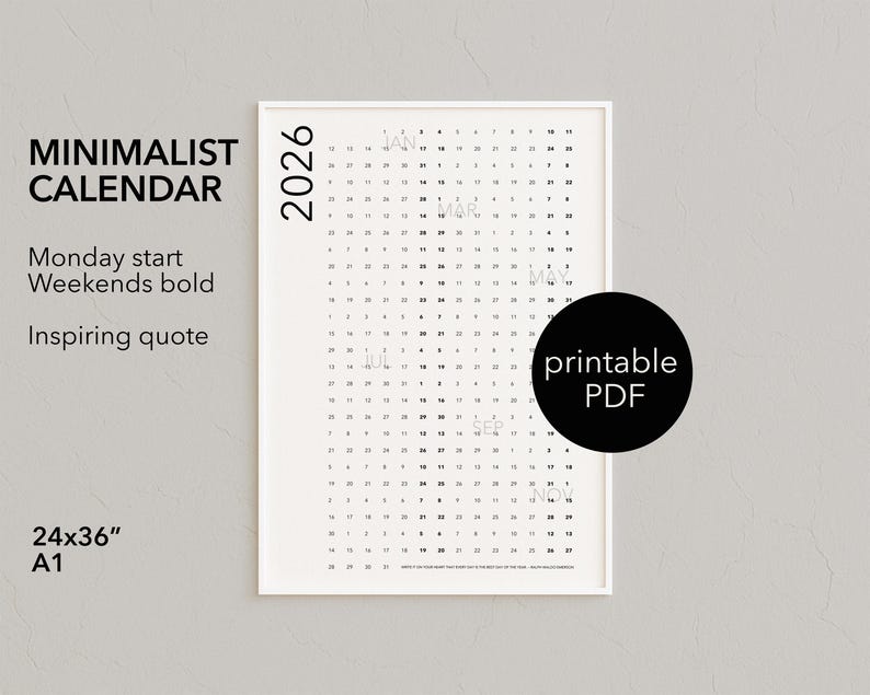 2026 Minimalist Year at a Glance Wall Calendar | Large Printable Poster ...