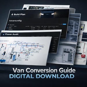 Pode incluir: Uma pilha de documentos digitais com o texto "Van Conversion Guide DIGITAL DOWNLOAD". Os documentos incluem diagramas, esquemas e planos de construção. O documento superior mostra os faróis de um veículo. Fundo escuro.