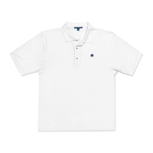 May include: White polo shirt with short sleeves and a collared neckline. The shirt features a three-button placket and a small navy blue elephant logo on the left chest. The shirt is made of a lightweight fabric.