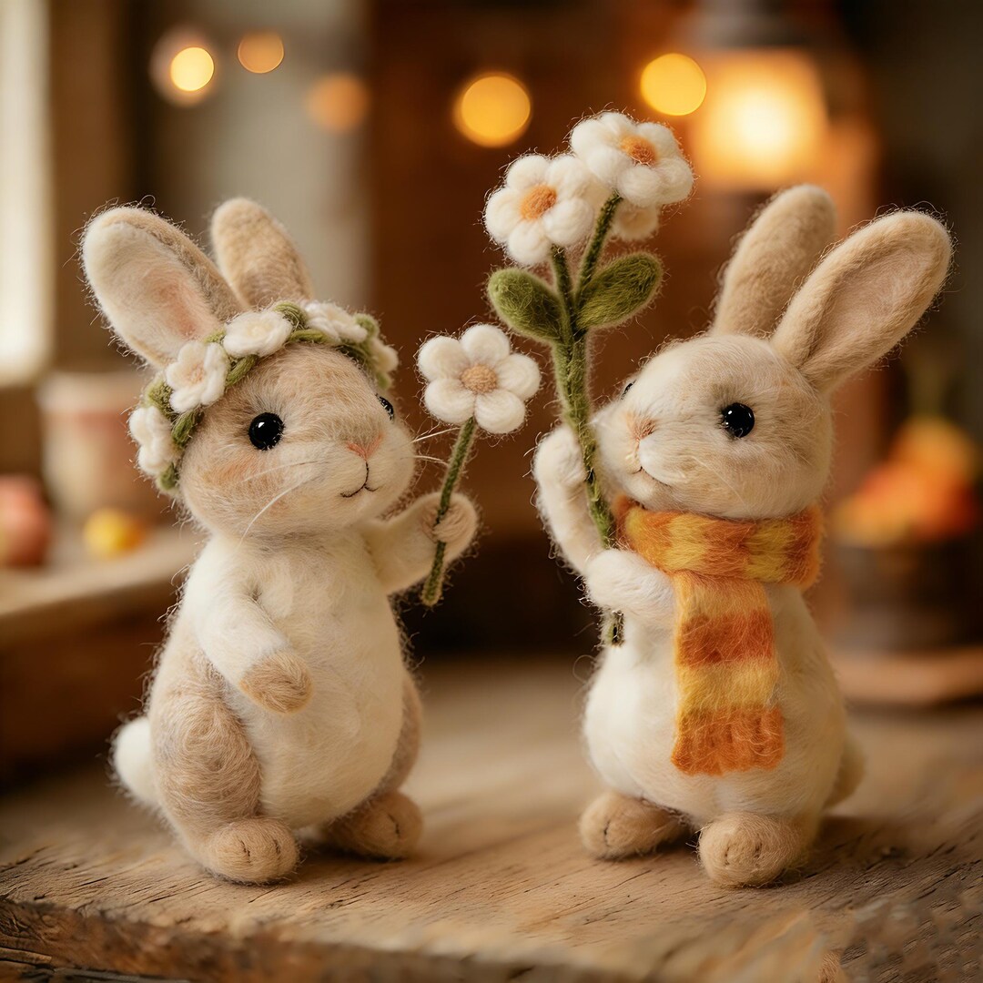 Handmade Needle Felted Daisy Bunny Couple Set | Wool Felt Figurines ...