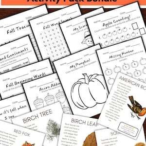 May include: A collection of educational worksheets titled Fall Unit Study and Activity Pack Bundle. The pages feature black and white text and illustrations including a pumpkin, acorns, apples, a red fox, a squirrel, and an American robin bird.