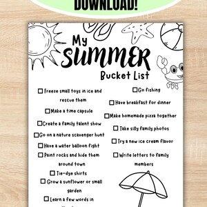 Könnte beinhalten: Schwarz-weiß druckbare Sommer-Bucket-Liste mit dem Text "SOFORT-DOWNLOAD!" oben. Die Liste enthält Aktivitäten wie "Angeln gehen" und "Gemeinsam Pizza backen".