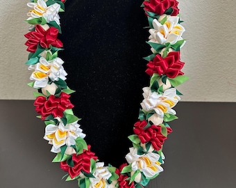 Scarlet Red and White Ribbon Lei