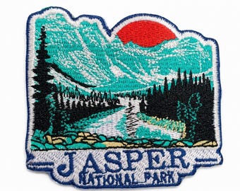 Jasper National Park Patch 3" - Canadian Rockies Souvenir - Mountain Landscape & Red Sun Badge - Iron On Sew On Canada Travel Gift Art