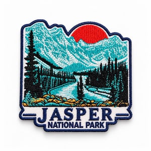 Jasper National Park Patch 3" - Canadian Rockies Souvenir - Mountain Landscape & Red Sun Badge - Iron On Sew On Canada Travel Gift Art