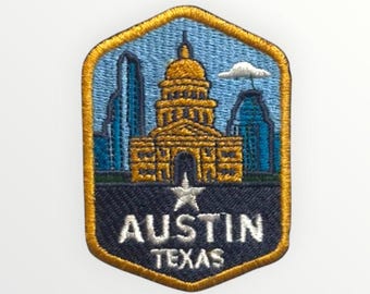 Austin Texas Patch - Texas State Capitol Souvenir Embroidered Iron On / Sew On - Austin Skyline Travel Badge - 3 Inch