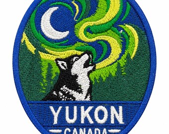 Yukon Canada 3" Patch - Northern Lights Wolf Embroidery - Iron-On Wilderness Badge