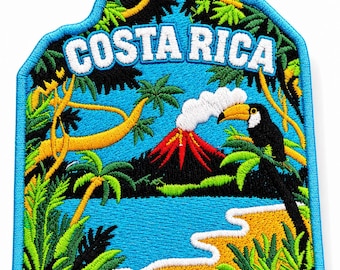 Costa Rica Embroidered Patch 3", Volcano & Toucan Iron On Applique, Tropical Travel Souvenir Badge, Nature Gift, Custom Jacket Patch