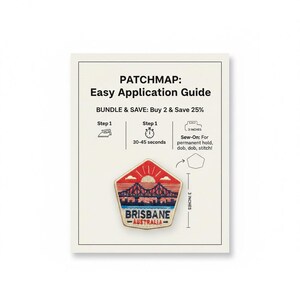May include: A Brisbane, Australia patch with a bridge design, measuring 3 inches. The patch is red, blue, and white, with the text "BRISBANE - AUSTRALIA". The image also includes an easy application guide.