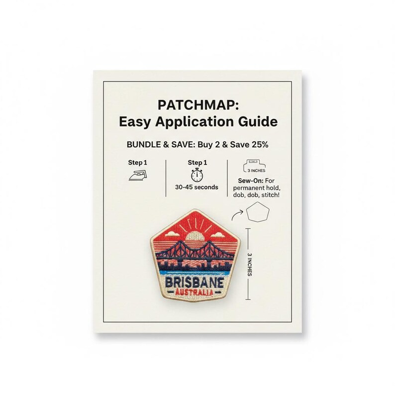 May include: A Brisbane, Australia patch with a bridge design, measuring 3 inches. The patch is red, blue, and white, with the text "BRISBANE - AUSTRALIA". The image also includes an easy application guide.