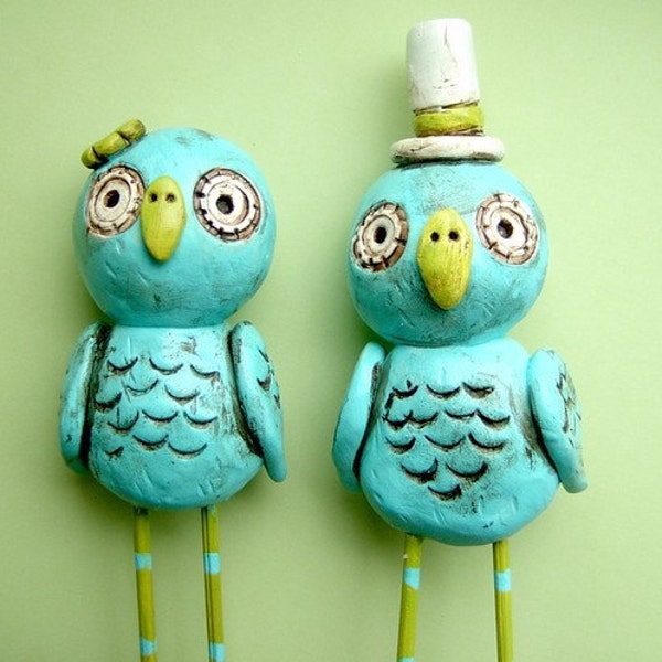 Turquoise and Apple Green Owls wedding cake topper