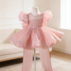 Pink Sequin Puff Sleeves Tulle Wedding Flower Girl Princess Dress Fashion Bow First Birthday Dress