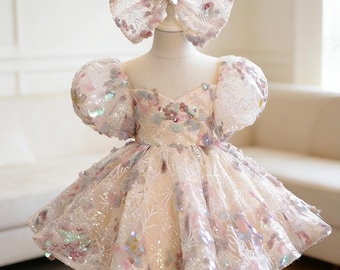Fashion Sequin Puff Sleeves Tulle Puffy Beauty Pageant Dress Baby Girl First Birthday Party Formal Dress