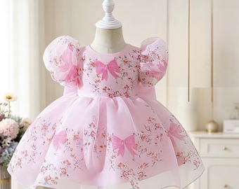 Baby Sweet Puff Sleeve Organza Dress Pink Big Bow Floral Print Birthday Party Princess Dress