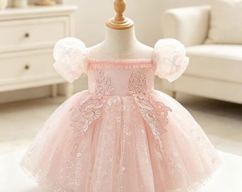 Sparkle Sequins Tulle Puff Sleeve Lace Appliqué Toddler Dress Formal Party Birthday Princess Dress