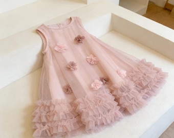 Summer 3D Floral Tulle Dress Sleeveless Ruffle Kids Formal Dress Baby Girl Wedding Flower Girl Dress