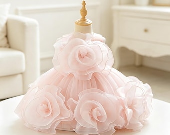 Oversized 3D Rose Organza Baby Fluffy Flower Girl Dress Fashion Beauty Pageant Princess Dress