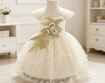 Exquisite Floral Embroidery Applique Puffy Tulle Wedding Bridesmaid Flower Girl Dress