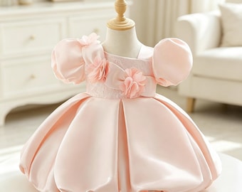 Satin Puff Sleeve 3D Floral Applique Lace Flower Girl Dress Elegant Princess Evening Dress