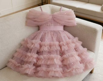 New Baby Girl's Pink Tulle Sparkly Sequined Puff Cake Dress Elegant Beauty Pageant Princess Dress