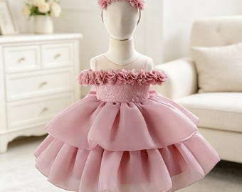 3D Floral Applique Puffy Flower Girl Dress Elegant Multilayer Organza Birthday Party Princess Dress