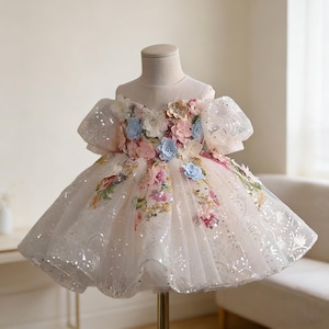 Robe de fée de fleurs colorées pour bébé fille, robe de princesse de luxe en tulle à paillettes scintillantes