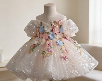Nuevo vestido de niña de hadas con flores coloridas, vestido de princesa de tul brillante con lentejuelas
