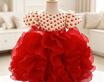 Elegante vestido rojo de tul con volantes en capas para niña, vestido de fiesta de cumpleaños para bebé niña con mangas abullonadas