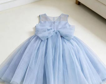 Vestido de niña de flores de tul azul con lazo