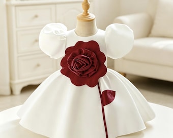 Oversized 3D Rose Floral Appliqués Puff Sleeve Satin Flower Girl Dress Formal Evening Dress