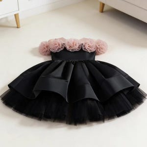 Pink 3D Flower Black Tulle Puffy Wedding Flower Girl Dress Birthday Party Princess Dress