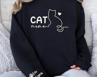 Personalized Cat Mama Sweatshirt With Cat Names on Sleeve, Custom Cat Mom Hoodie, Custom Cat Paw Tee, Cat Owner Clothing, Mother's Day Gifts