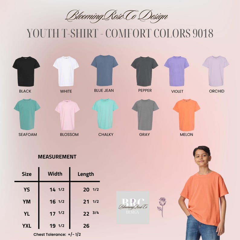 May include: A selection of youth t-shirts in various colors, including black, white, blue jean, pepper, violet, and orchid. The image also displays measurements for different sizes, with widths ranging from 14 1/2 to 19 1/2 inches and lengths from 20 1/2 to 26 inches.