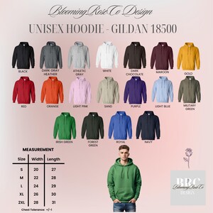 May include: A selection of Gildan 18500 unisex hoodies in various colors, including black, gray, white, red, orange, and green. The image also displays a size chart with measurements in inches, and a person wearing a green hoodie.