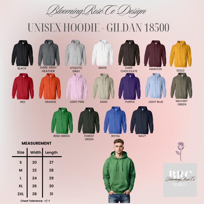 May include: A selection of Gildan 18500 unisex hoodies in various colors, including black, gray, white, red, orange, and green. The image also displays a size chart with measurements in inches, and a person wearing a green hoodie.