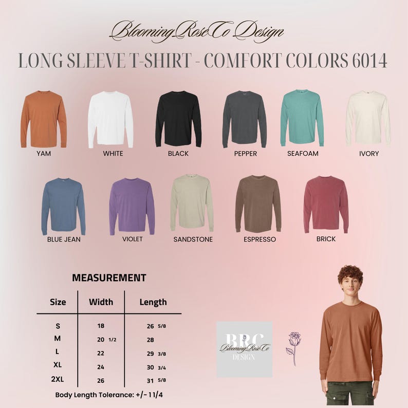 May include: A product image showcasing long-sleeve t-shirts in various colors, including Yam, White, Black, Pepper, Seafoam, and Ivory. The image also displays Blue Jean, Violet, Sandstone, Espresso, and Brick. Measurement details are provided, with widths ranging from 18 to 26 inches and lengths from 26 5/8 to 31 5/8 inches.