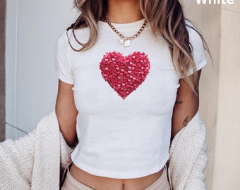 Layered Hearts Baby Tee, Romantic Heart Shirt, Red Heart Cluster Baby Shirt, Retro 90s Style Fitted Crop Top, Cute Girly Streetwear