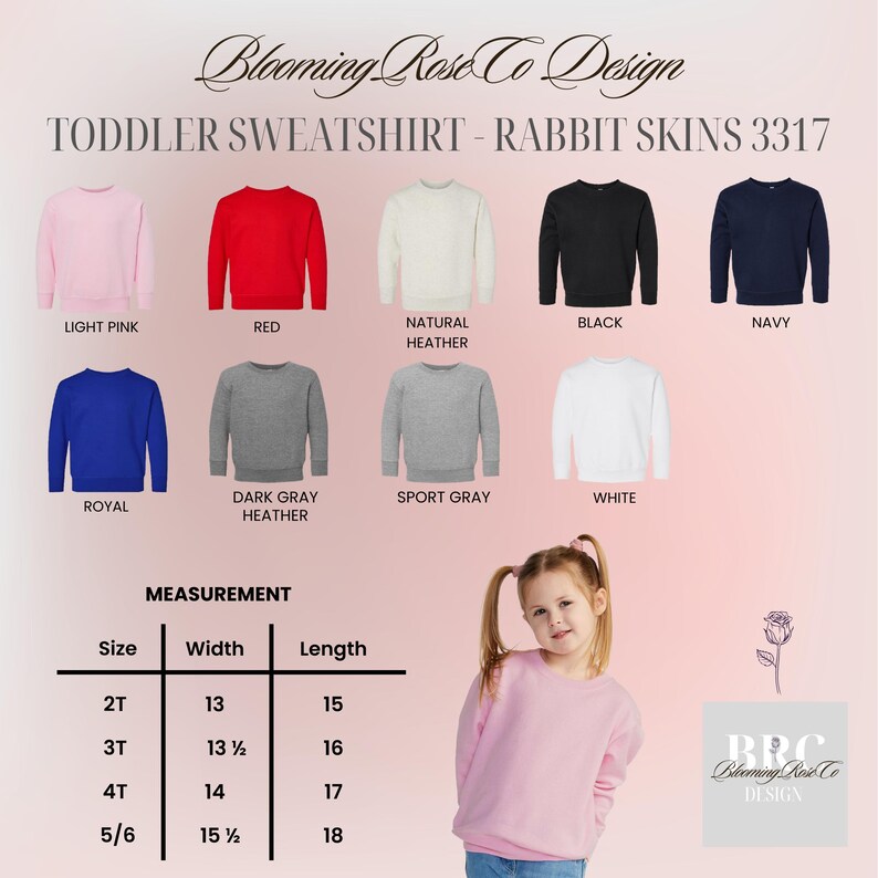 May include: A product display featuring toddler sweatshirts in various colors: light pink, red, natural heather, black, navy, royal, dark gray heather, sport gray, and white. The image includes a size chart with measurements in inches.