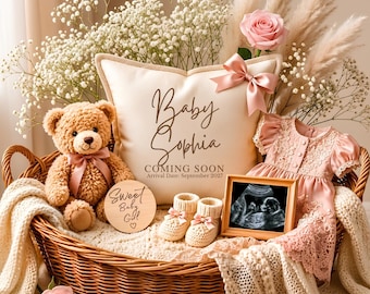 Baby Girl Pregnancy Announcement Template, Little Sister Baby Reveal, Editable Canva Gender Reveal, Floral Boho Digital Announcement