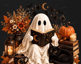 Halloween Ghost PNG, Spooky Reading Ghost Clipart, Bookish Halloween Design, Black Cat Pumpkin PNG, Fall Sublimation Digital Download