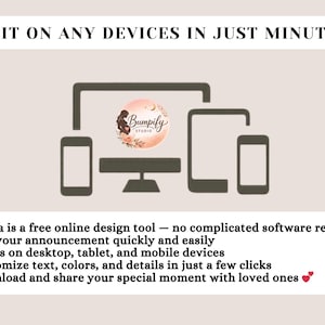 Pu&ograve; includere: Illustrazione di un computer, un tablet e due smartphone, con la scritta &laquo;EDIT ON ANY DEVICES IN JUST MINUTES&raquo;. L'immagine include il logo Bumpify Studio. Sotto, i punti elenco descrivono le funzionalit&agrave; dello strumento di progettazione.