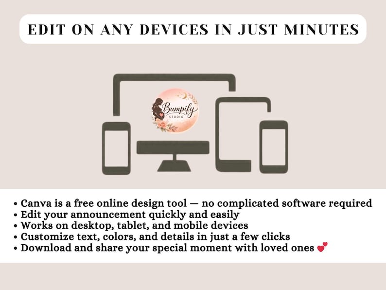 Pu&ograve; includere: Illustrazione di un computer, un tablet e due smartphone, con la scritta &laquo;EDIT ON ANY DEVICES IN JUST MINUTES&raquo;. L'immagine include il logo Bumpify Studio. Sotto, i punti elenco descrivono le funzionalit&agrave; dello strumento di progettazione.