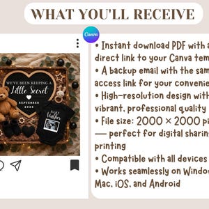 Pu&ograve; includere: Annuncio di nascita con un cartello a forma di cuore che recita "We've been keeping a Little Secret" con il mese di settembre e l'anno 2036. L'annuncio include un orsacchiotto, scarpine e un body.