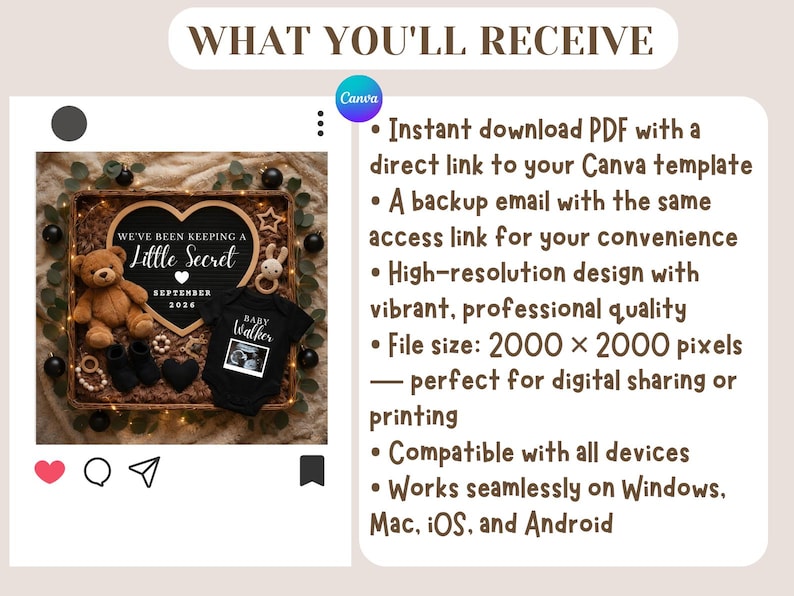 Pu&ograve; includere: Annuncio di nascita con un cartello a forma di cuore che recita "We've been keeping a Little Secret" con il mese di settembre e l'anno 2036. L'annuncio include un orsacchiotto, scarpine e un body.