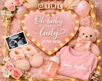 Baby Girl Pregnancy Announcement Digital, Baby Girl Announcement, It’s A Girl Reveal, Editable Pregnancy Template, Boho pink baby reveal
